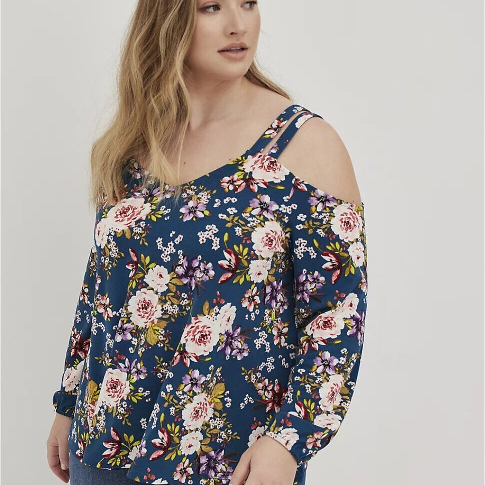 Torrid 3X Floral Crepe Strappy Blue Cold Shoulder Top (22-24) Plus